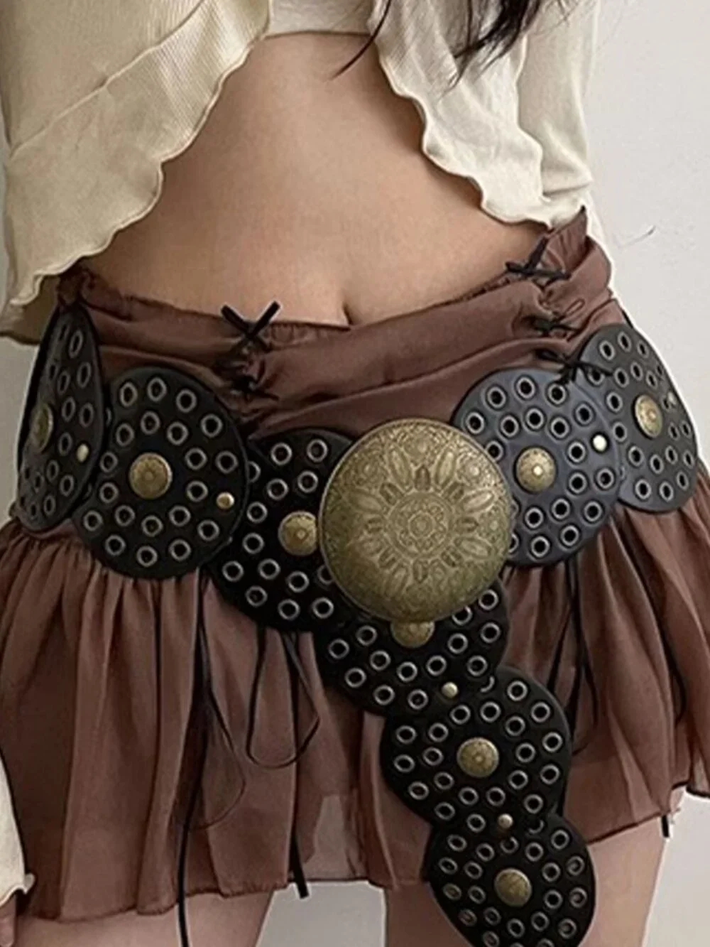 Black Casual Women's Boho Western Style Hollow Out Metal Round Buckle Belt